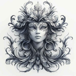 symbolic-meaning-mask – tattoo design ideas free ai generated – surrealism-unconscious-imagery – for-side-torso – Gallery: masks-inkby-ai