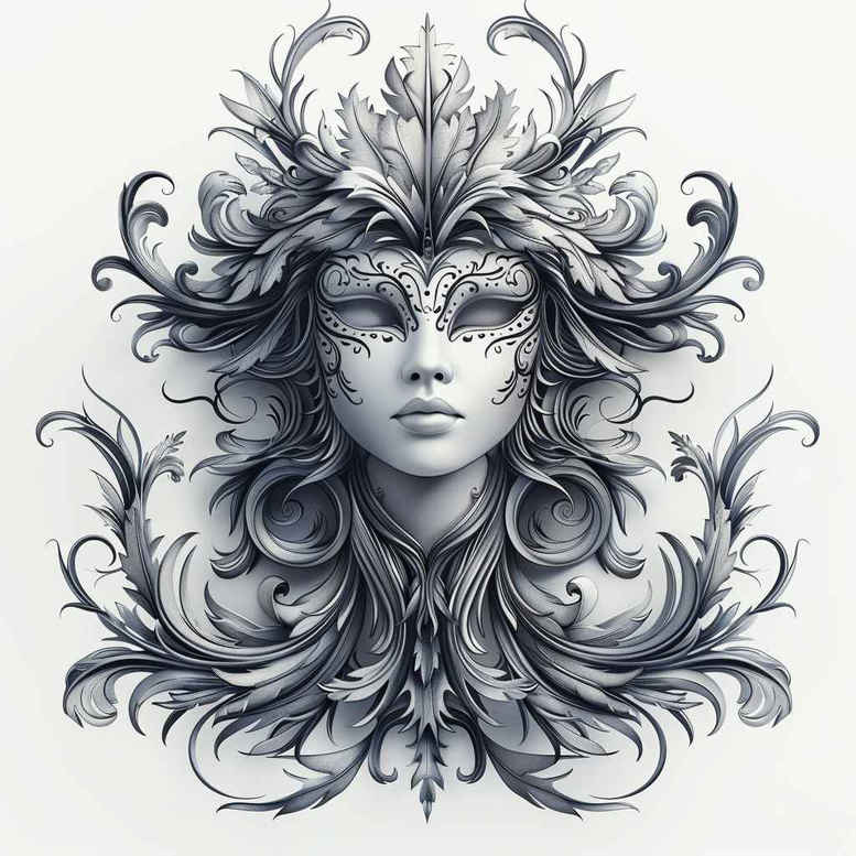 symbolic-meaning-mask – tattoo design ideas free ai generated – surrealism-unconscious-imagery – for-side-torso – Gallery: masks-inkby-ai