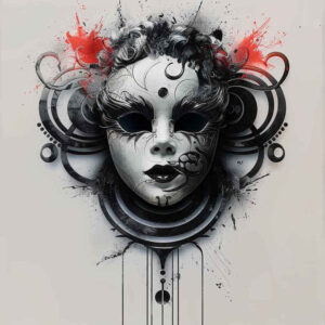 masks tattoo design ideas Surrealism metamorphosis bold lines for temple