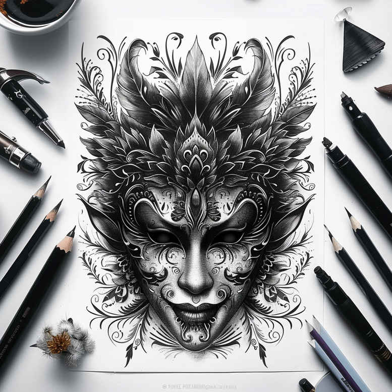 masks tattoo design ideas Realism blended gradients cultural symbolism for full back