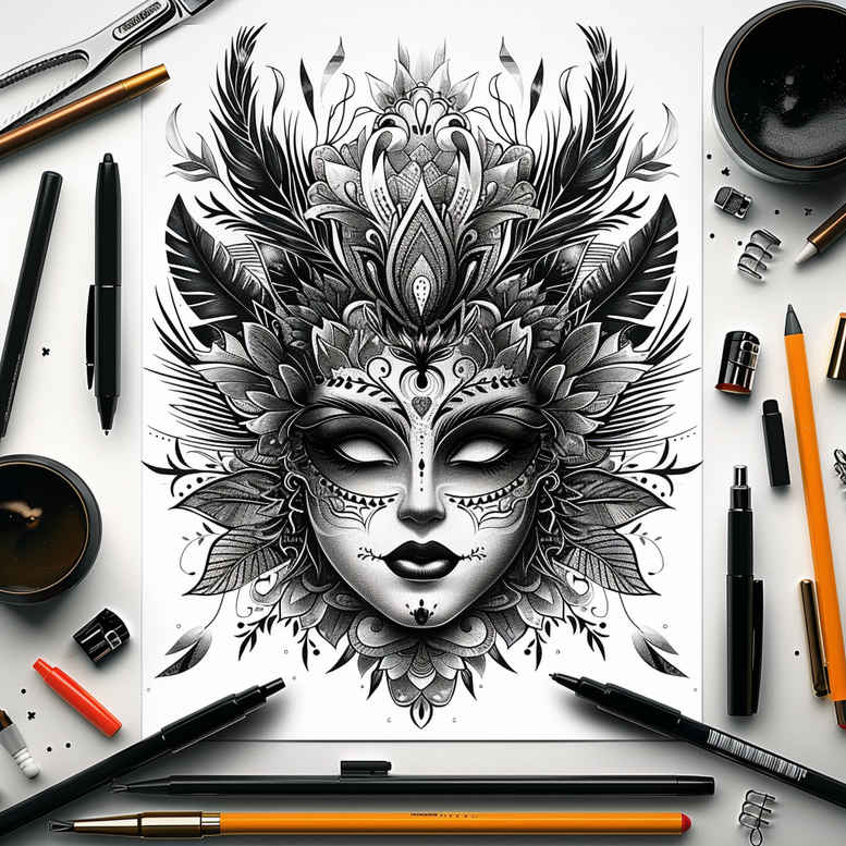 masks tattoo design ideas minimalist detailed for outer arm