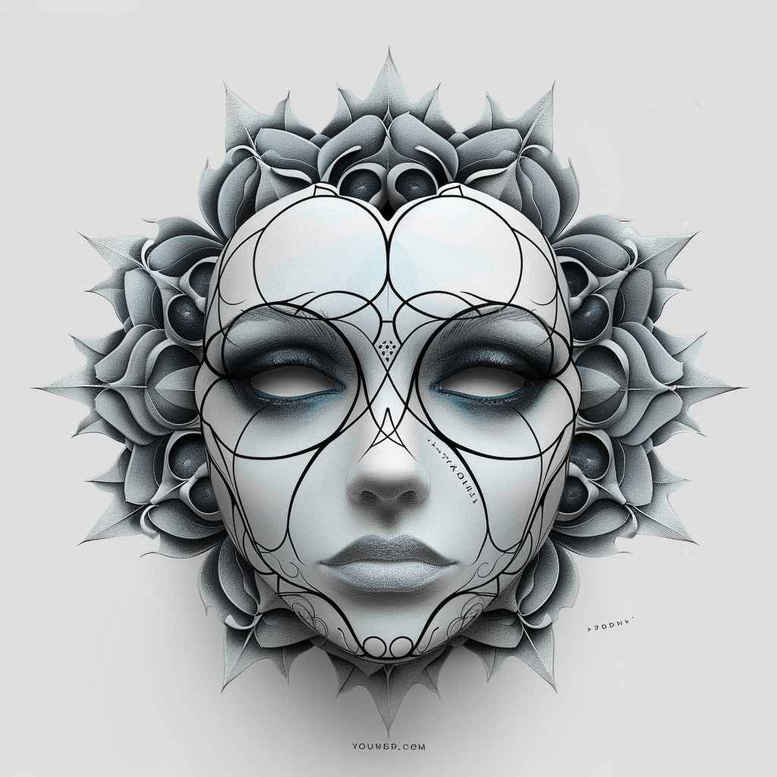 masks tattoo design ideas CGI-rendered detailed for shoulder