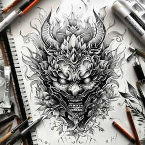 masks tattoo design ideas Surrealism melted shapes detailed motifs for upper arm
