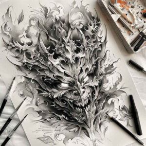 masks tattoo design ideas classic composition detailed shading for biceps
