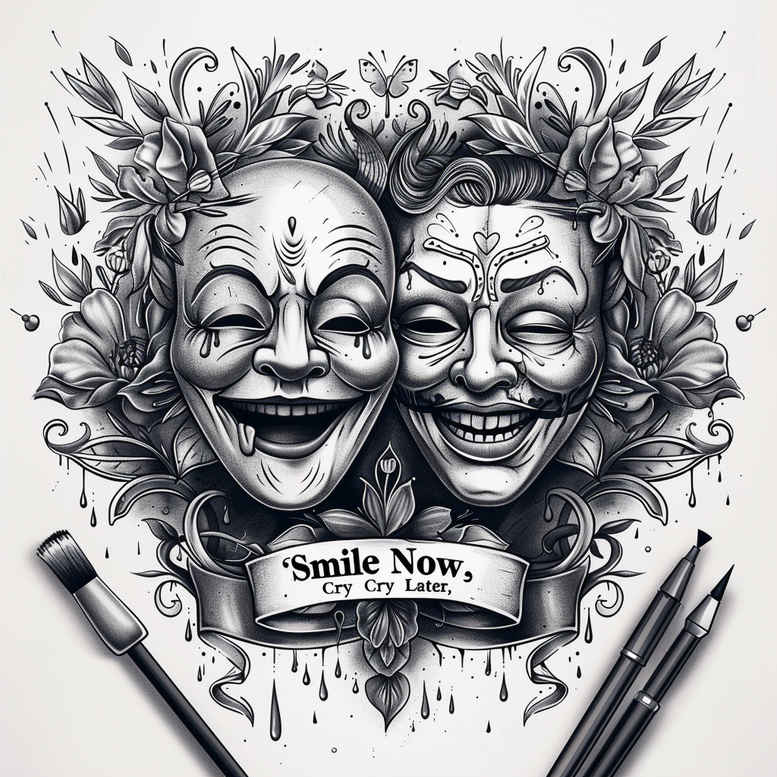 masks tattoo design ideas photo-realistic detailed shading for outer arm