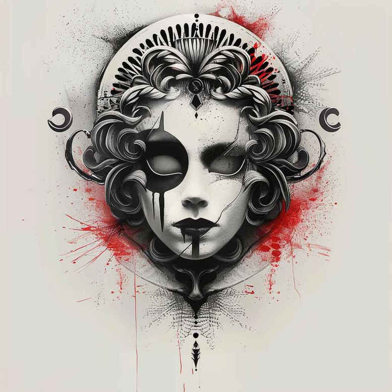 masks tattoo design ideas Surrealism hallucinatory dramatic embodying determination