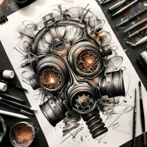 masks tattoo design ideas Realism dynamic shadows dramatic expression for calf