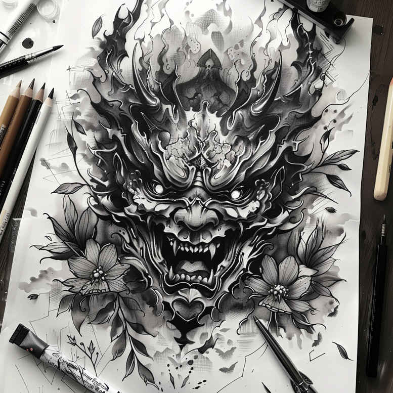 masks tattoo design ideas refined lines dramatic expression for lower arm