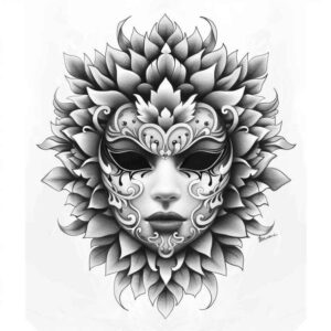 masks tattoo design ideas textured shading dramatic expression for lower thigh