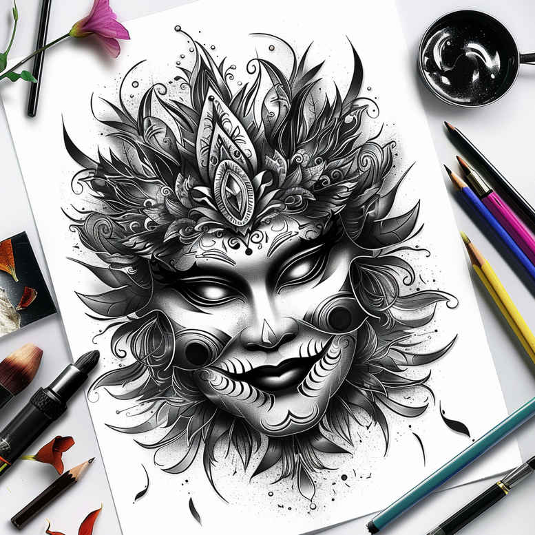 masks tattoo design ideas Realism micro detail dramatic expression for nape