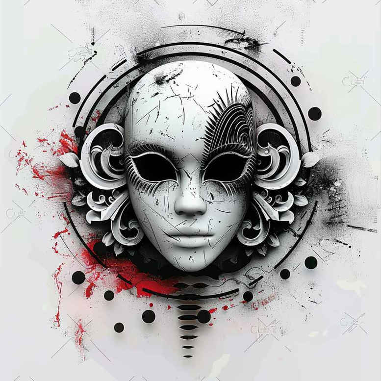 masks tattoo design ideas layered color dramatic expression for outer arm