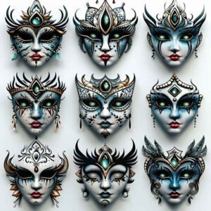 masks tattoo design ideas crisp lines exaggerated features for back of neck