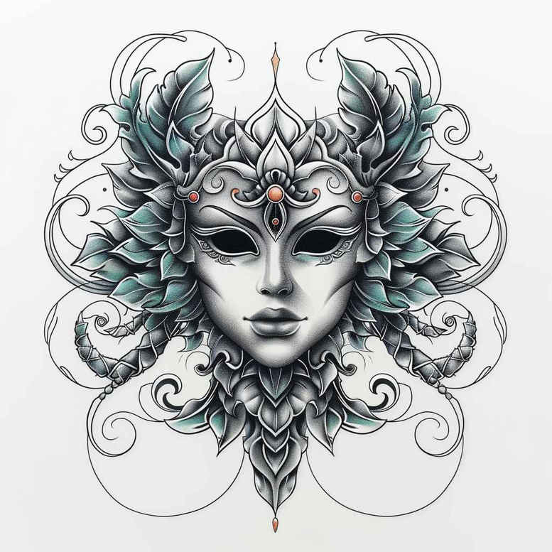 masks tattoo design ideas Surrealism translucent layers expressive eyes embodying perseverance