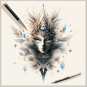 masks tattoo design ideas line-art layered embodying endurance