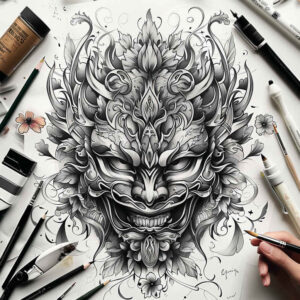 masks tattoo design ideas wide-angle mask outline for hip