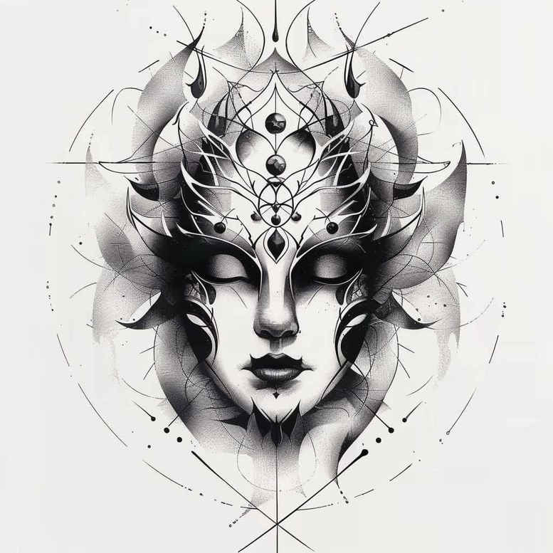 masks tattoo design ideas Surrealism unconscious imagery ornamental lines meaning strength