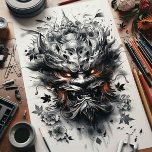 masks tattoo design ideas Surrealism hallucinatory theatrical design symbolising courage