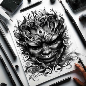 masks tattoo design ideas Realism full detail theatrical design symbolising determination