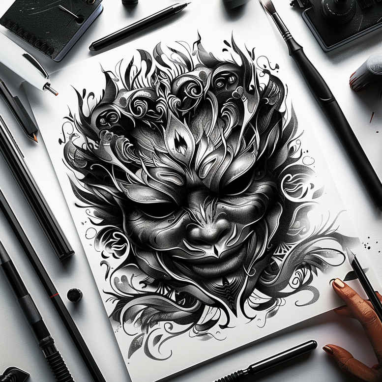 masks tattoo design ideas Realism full detail theatrical design symbolising determination
