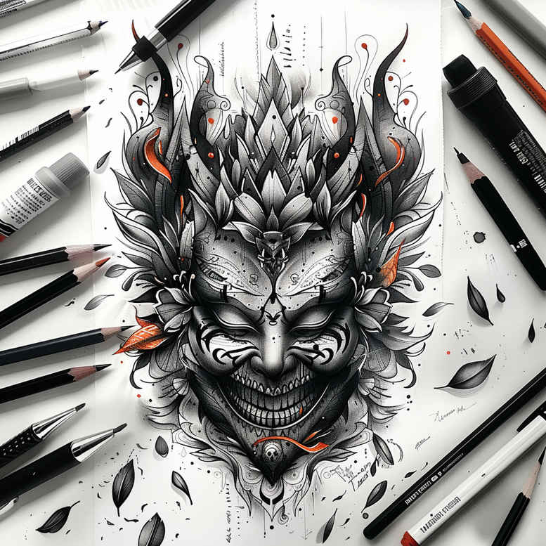 masks tattoo design ideas strong contrast theatrical embodying courage