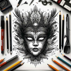 masks tattoo design ideas Surrealism impossible forms theatrical for shoulder blade