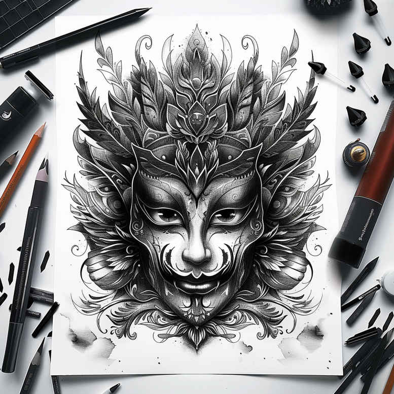 masks tattoo design ideas Surrealism phantasm traditional for lower back