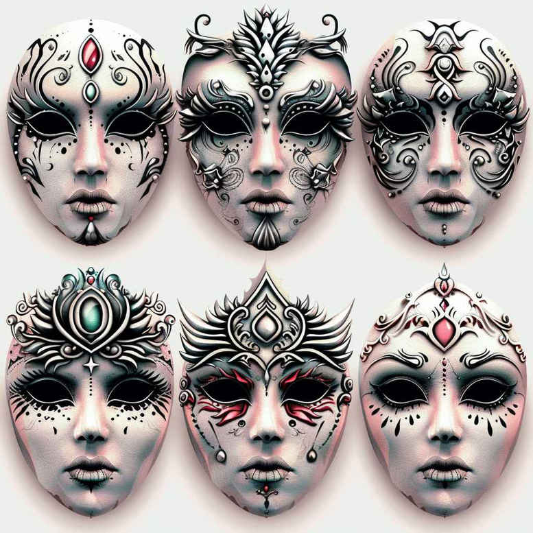 theatrical-mask – tattoo design ideas free ai generated – neotraditional-artful-color – for-hip – Gallery: masks-inkby-ai