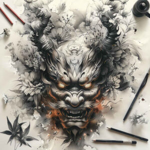 theatrical-mask – tattoo design ideas free ai generated – neotraditional-artistic-contrast – for-upper-shoulder – Gallery: masks-inkby-ai