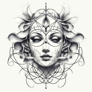 theatrical-mask – tattoo design ideas free ai generated – neotraditional-artistic-shading – for-lower-leg – Gallery: masks-inkby-ai