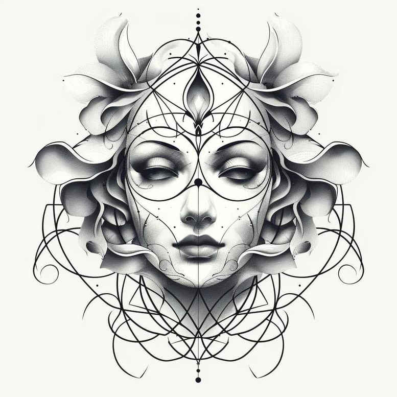 theatrical-mask – tattoo design ideas free ai generated – neotraditional-artistic-shading – for-lower-leg – Gallery: masks-inkby-ai
