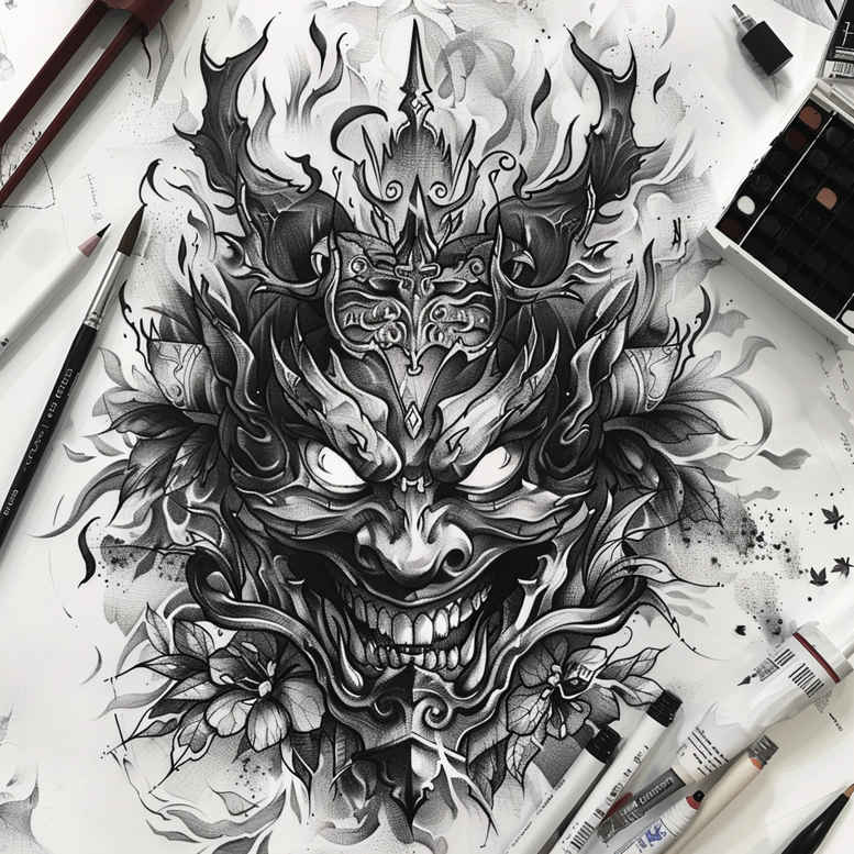 theatrical-mask – tattoo design ideas free ai generated – neotraditional-expressive-color – for-stomach – Gallery: masks-inkby-ai