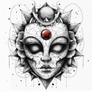 theatrical-mask – tattoo design ideas free ai generated – neotraditional-vivid-detail – for-sternum – Gallery: masks-inkby-ai