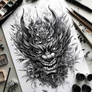 traditional-mask – tattoo design ideas free ai generated – realism-clean-whites – for-heel – Gallery: masks-inkby-ai