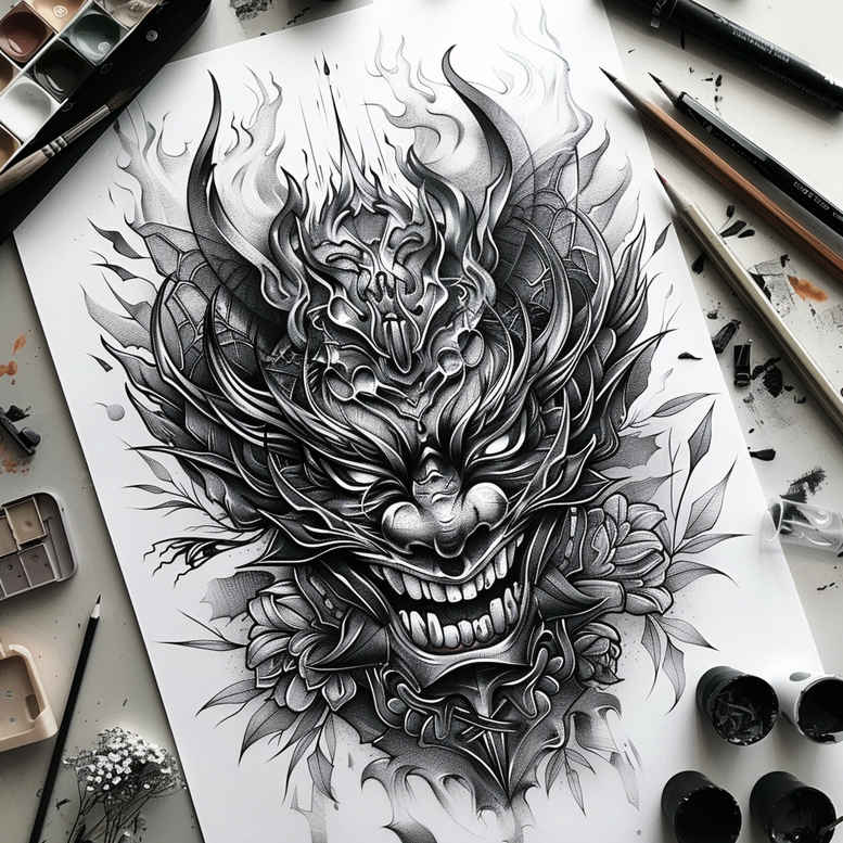 traditional-mask – tattoo design ideas free ai generated – realism-clean-whites – for-heel – Gallery: masks-inkby-ai
