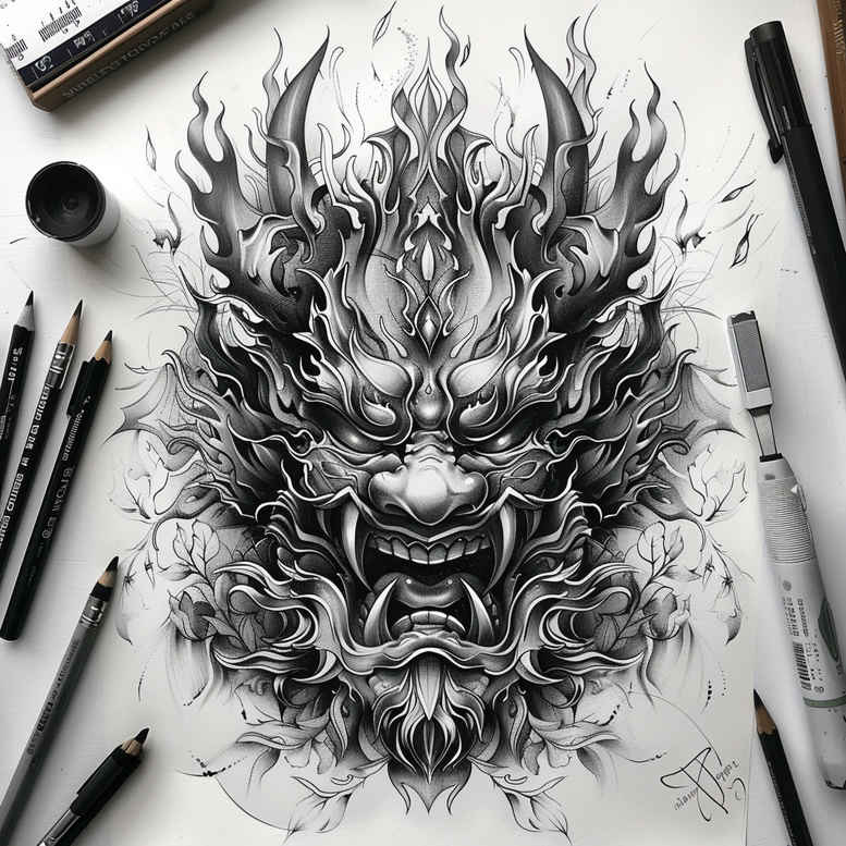 traditional-mask – tattoo design ideas free ai generated – realism-natural-look – for-heel – Gallery: masks-inkby-ai