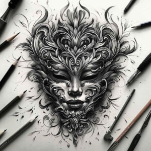 traditional-mask – tattoo design ideas free ai generated – realism-naturalistic – for-lower-thigh – Gallery: masks-inkby-ai