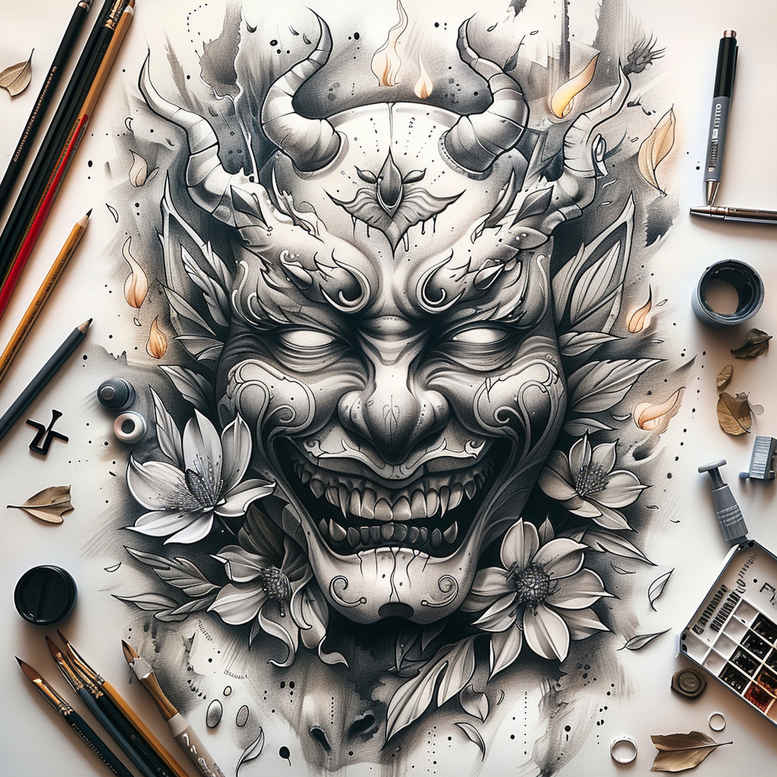 traditional-mask – tattoo design ideas free ai generated – realism-real-life-shading – for-upper-chest – Gallery: masks-inkby-ai