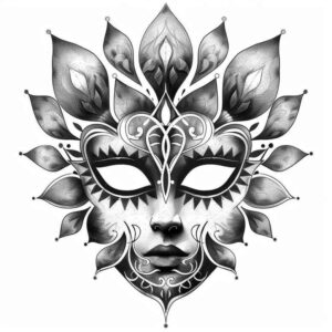 tribal-style-mask – tattoo design ideas free ai generated – neotraditional-bold-texture – for-thigh – Gallery: masks-inkby-ai