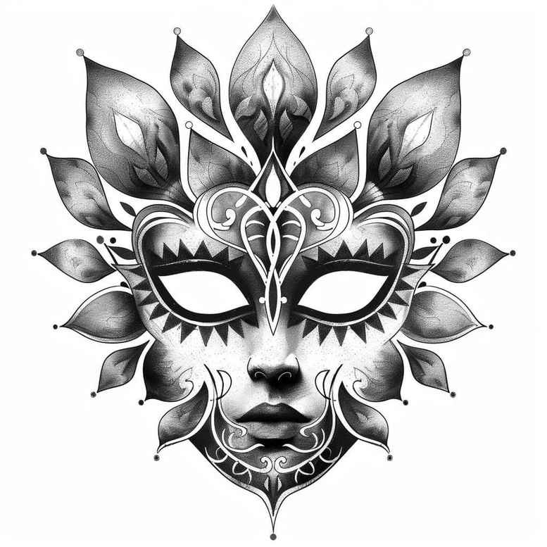 tribal-style-mask – tattoo design ideas free ai generated – neotraditional-bold-texture – for-thigh – Gallery: masks-inkby-ai
