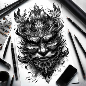 tribal-style-mask – tattoo design ideas free ai generated – realism-blended-gradients – for-hip – Gallery: masks-inkby-ai