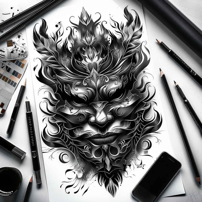 tribal-style-mask – tattoo design ideas free ai generated – realism-blended-gradients – for-hip – Gallery: masks-inkby-ai