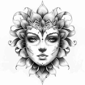 wavy-lines-mask – tattoo design ideas free ai generated – neotraditional-bright-color – for-upper-chest – Gallery: masks-inkby-ai