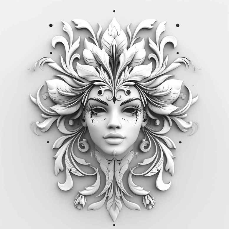 wavy-lines-mask – tattoo design ideas free ai generated – neotraditional-classic-motifs – for-lower-chest – Gallery: masks-inkby-ai