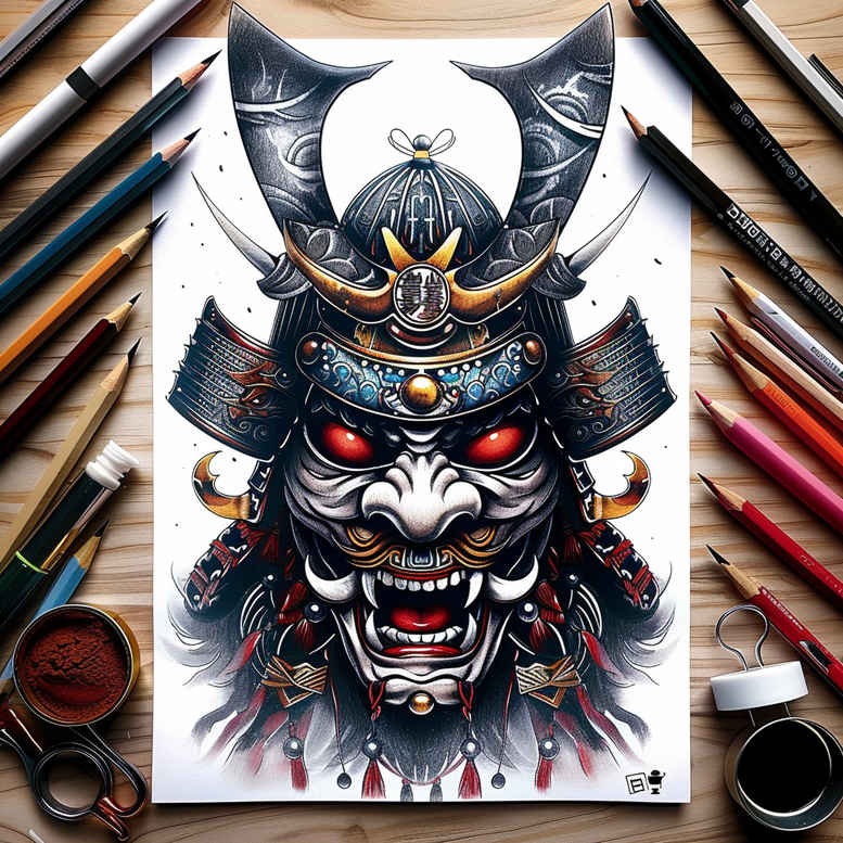 wavy-lines-mask – tattoo design ideas free ai generated – neotraditional-refined-color-palette – for-lower-leg – Gallery: masks-inkby-ai