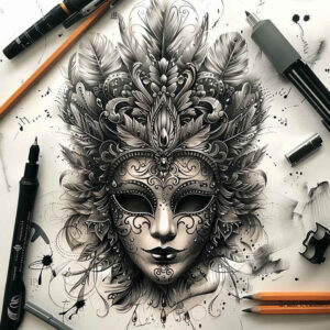 wavy-lines-mask – tattoo design ideas free ai generated – realism-high-contrast – for-upper-arm – Gallery: masks-inkby-ai