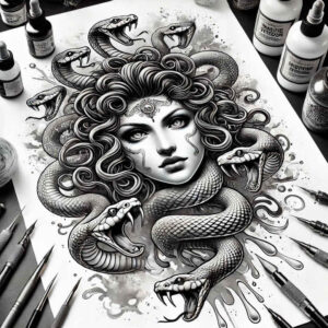 medusa-face-tattoo – tattoo design ideas free ai generated – spectral – for-sternum – Gallery: medusa-inkby-ai