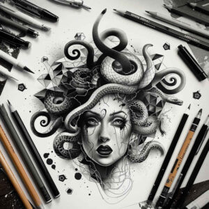 medusa-gaze – tattoo design ideas free ai generated – creepy – for-stomach – Gallery: medusa-inkby-ai