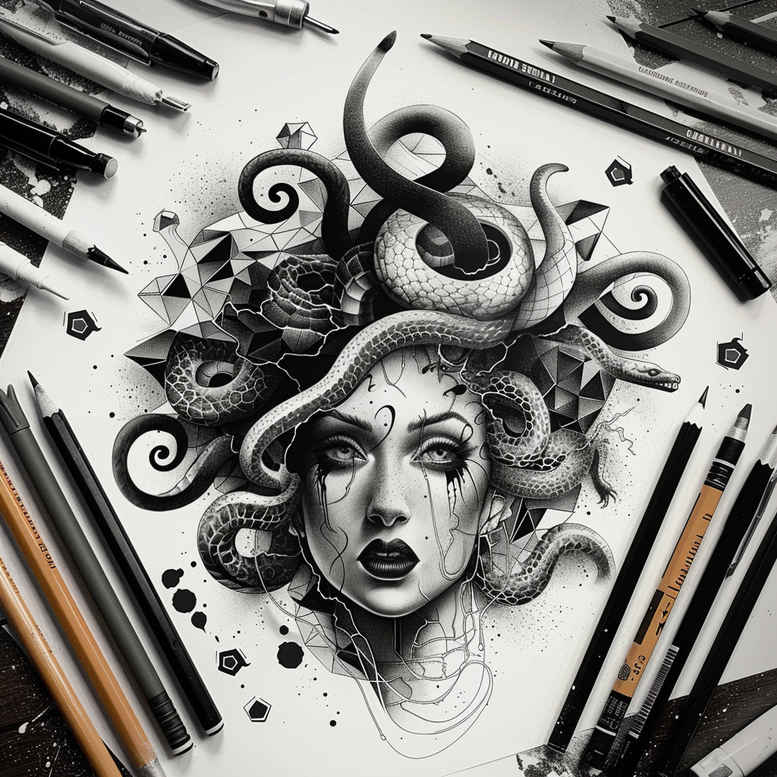 medusa-gaze – tattoo design ideas free ai generated – creepy – for-stomach – Gallery: medusa-inkby-ai