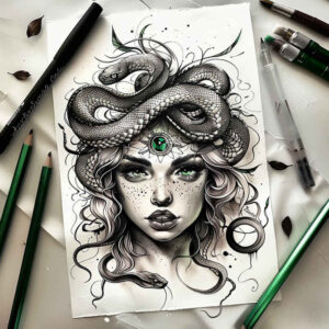 mythical-protector-tattoo-neotraditional-vivid-color-for-knee – tattoo design ideas free ai generated – Gallery: medusa-inkby-ai