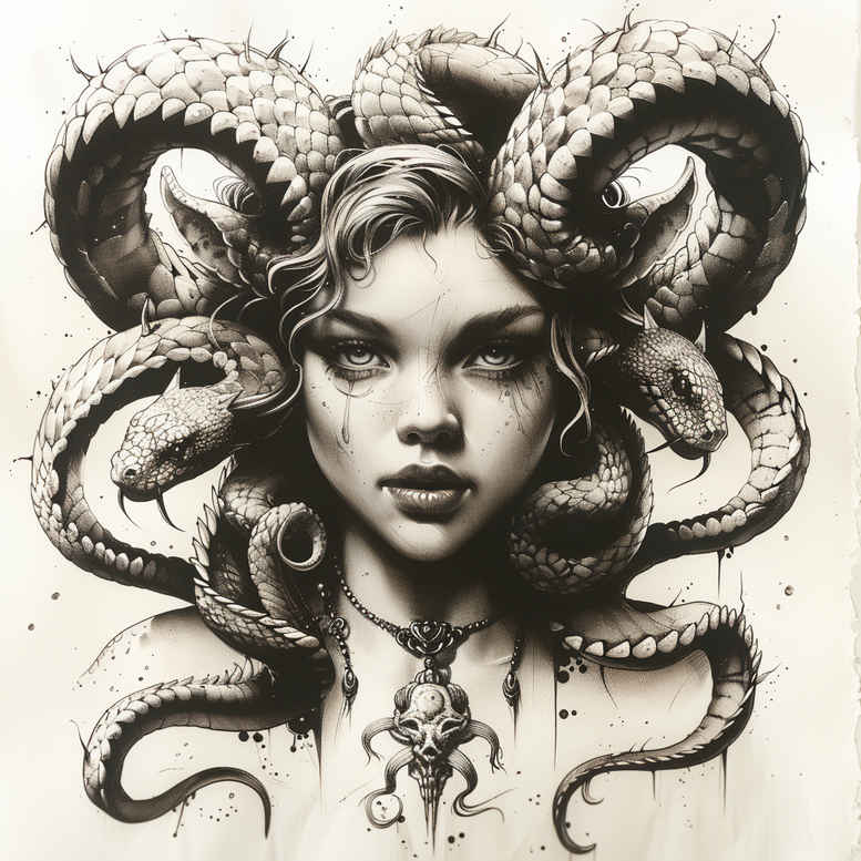 medusa-serpent-tattoo – tattoo design ideas free ai generated – nightmarish – for-back-of-neck – Gallery: medusa-inkby-ai